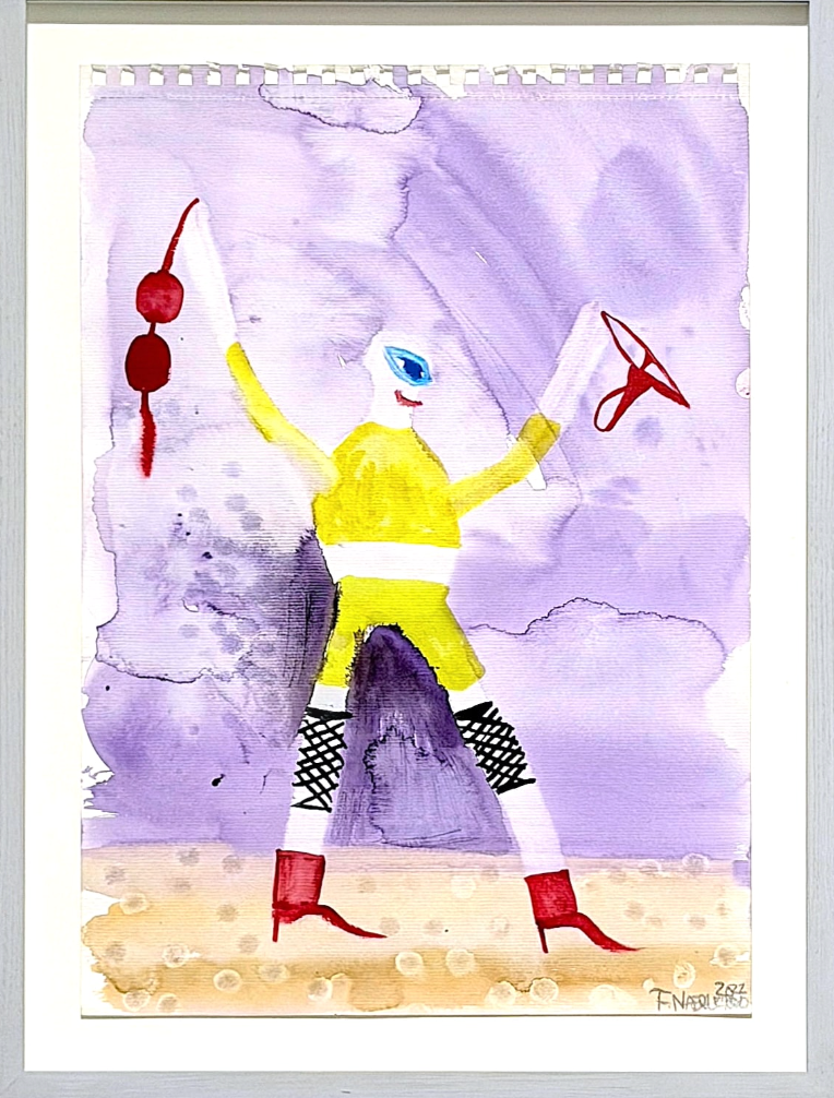 One-eyed figure in a yellow outfit with red boots and raised arms against a soft purple watercolour background.