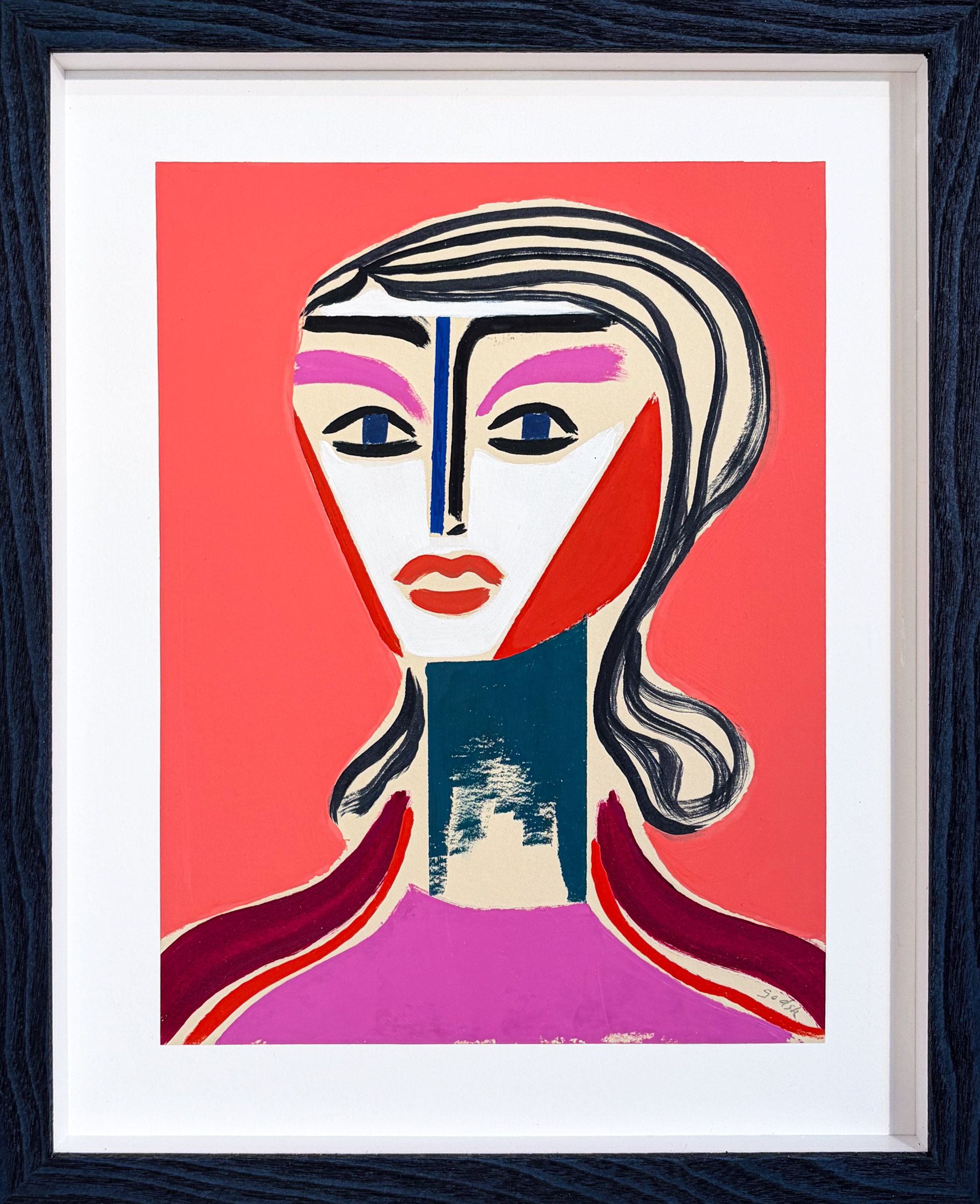 Stiliseret portræt med grafiske linjer og stærke farver på ferskenrosa baggrund.