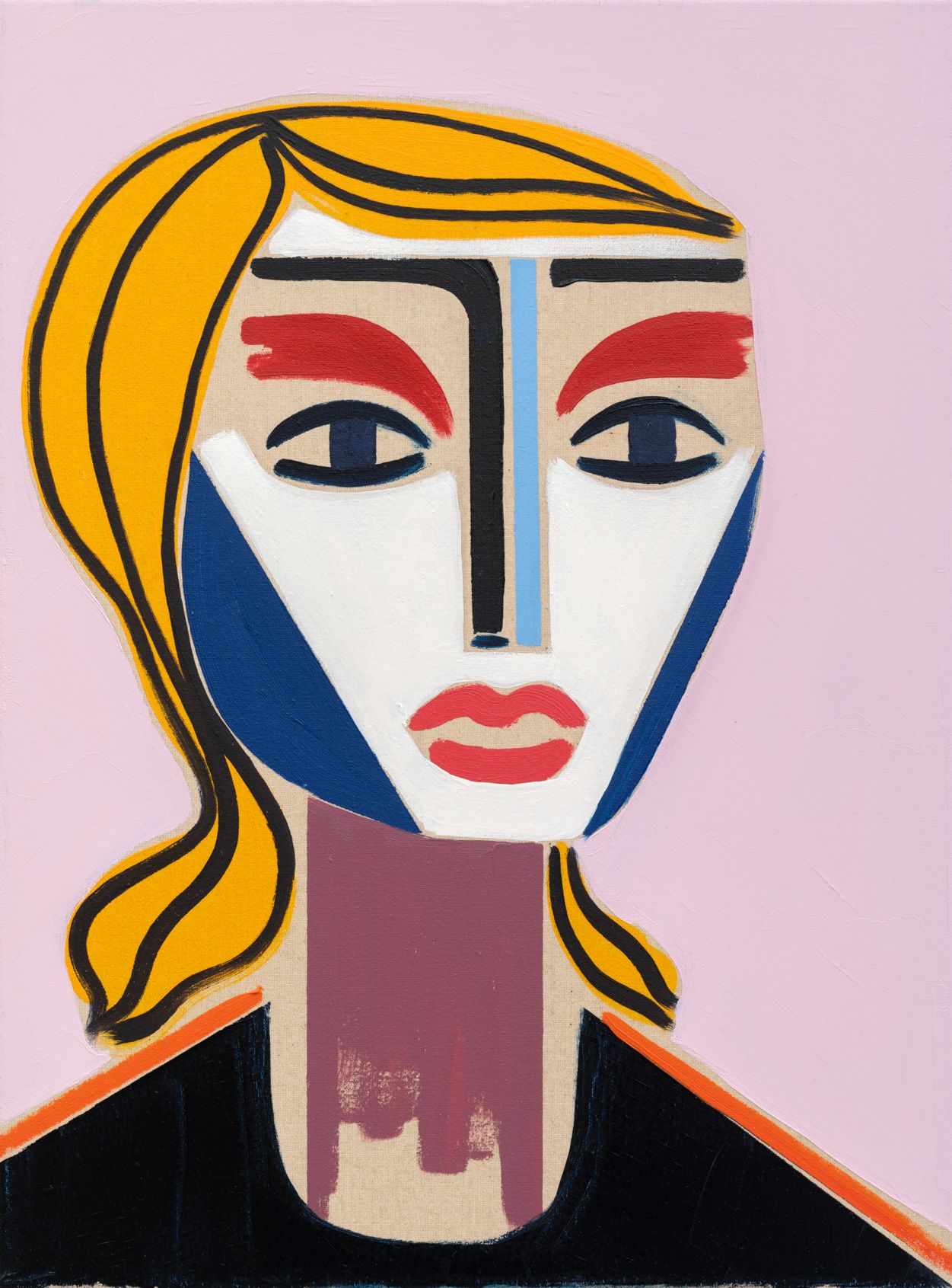 Stylized portrait of a female figure with yellow hair against a soft pink background.