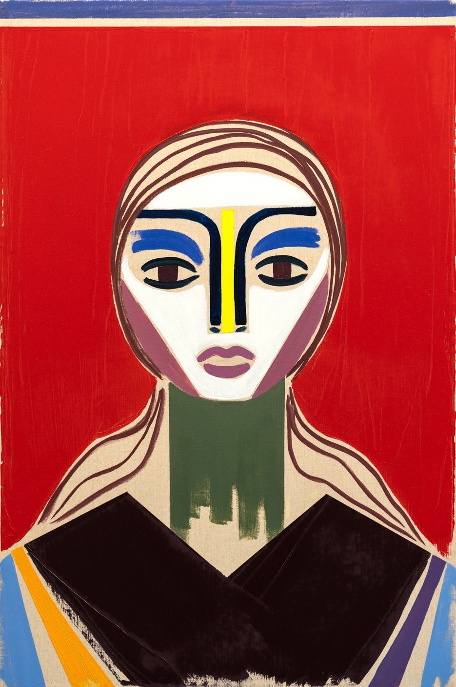 Stylized portrait of a figure against a red background with graphic fields of blue, black, and green.