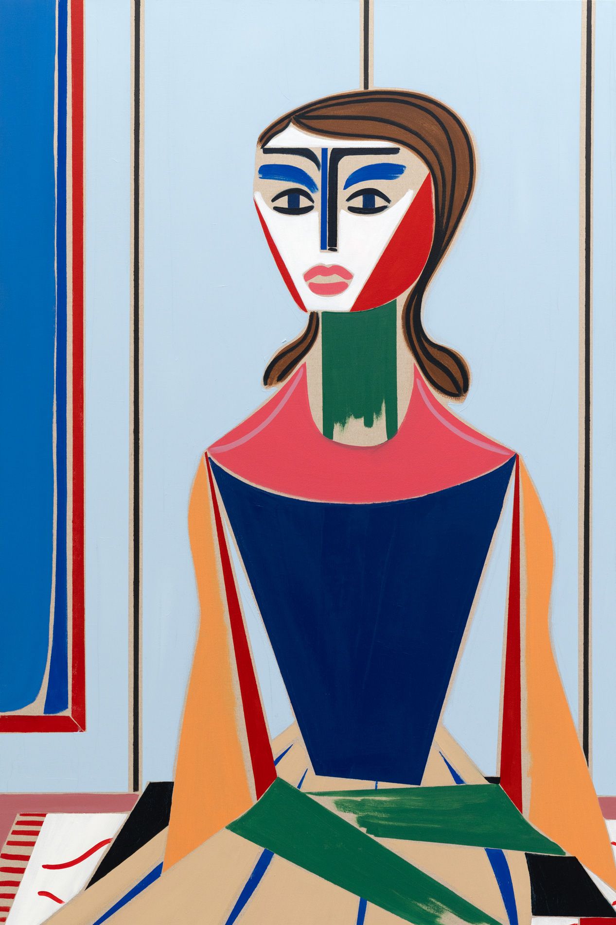 Stylized portrait of a female figure with blue and pink color fields in a graphic interior setting.