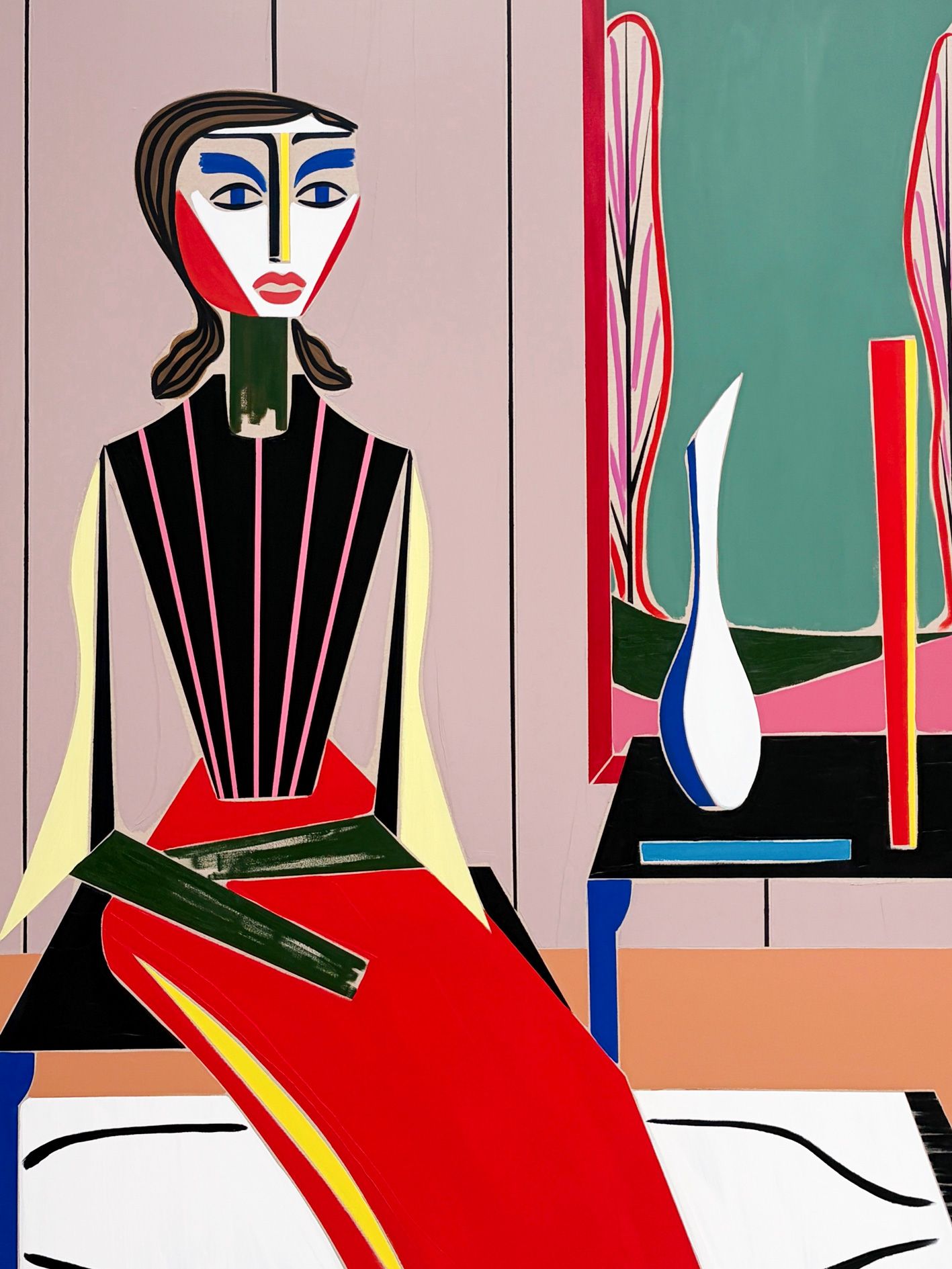 Stylized female figure seated in a colorful interior with a vase and window elements.