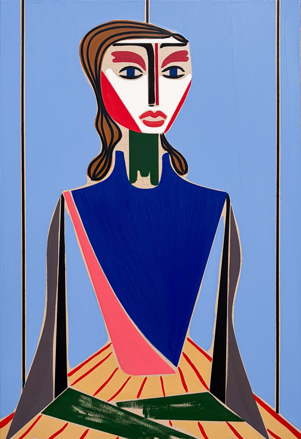 Henrik Godsk’s Trapeze Artist with Yellow Skirt, a stylized figure in a blue top and yellow skirt against a light blue background.