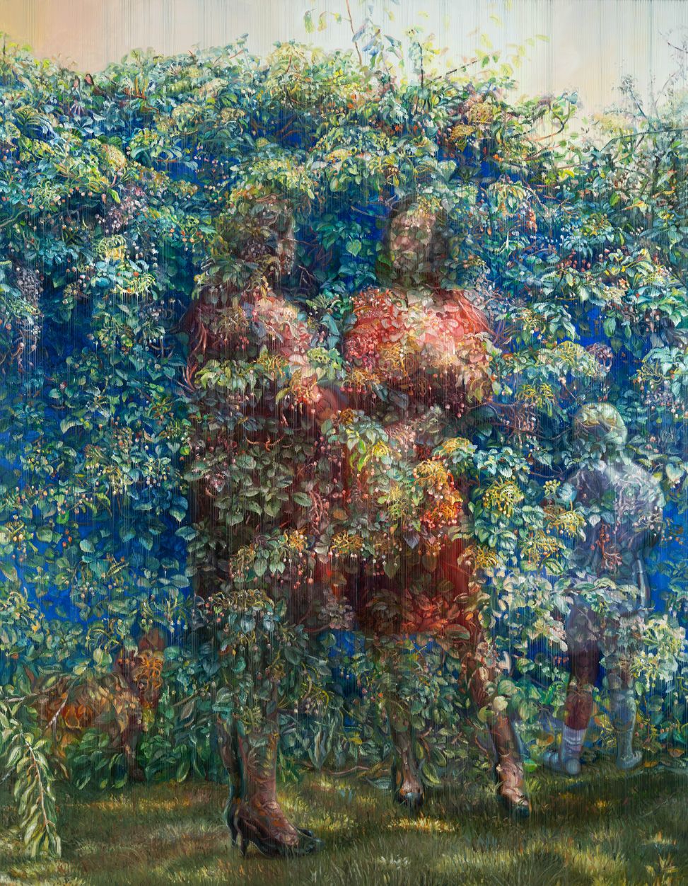 Painting of human figures partially merging with dense green and blue vegetation.