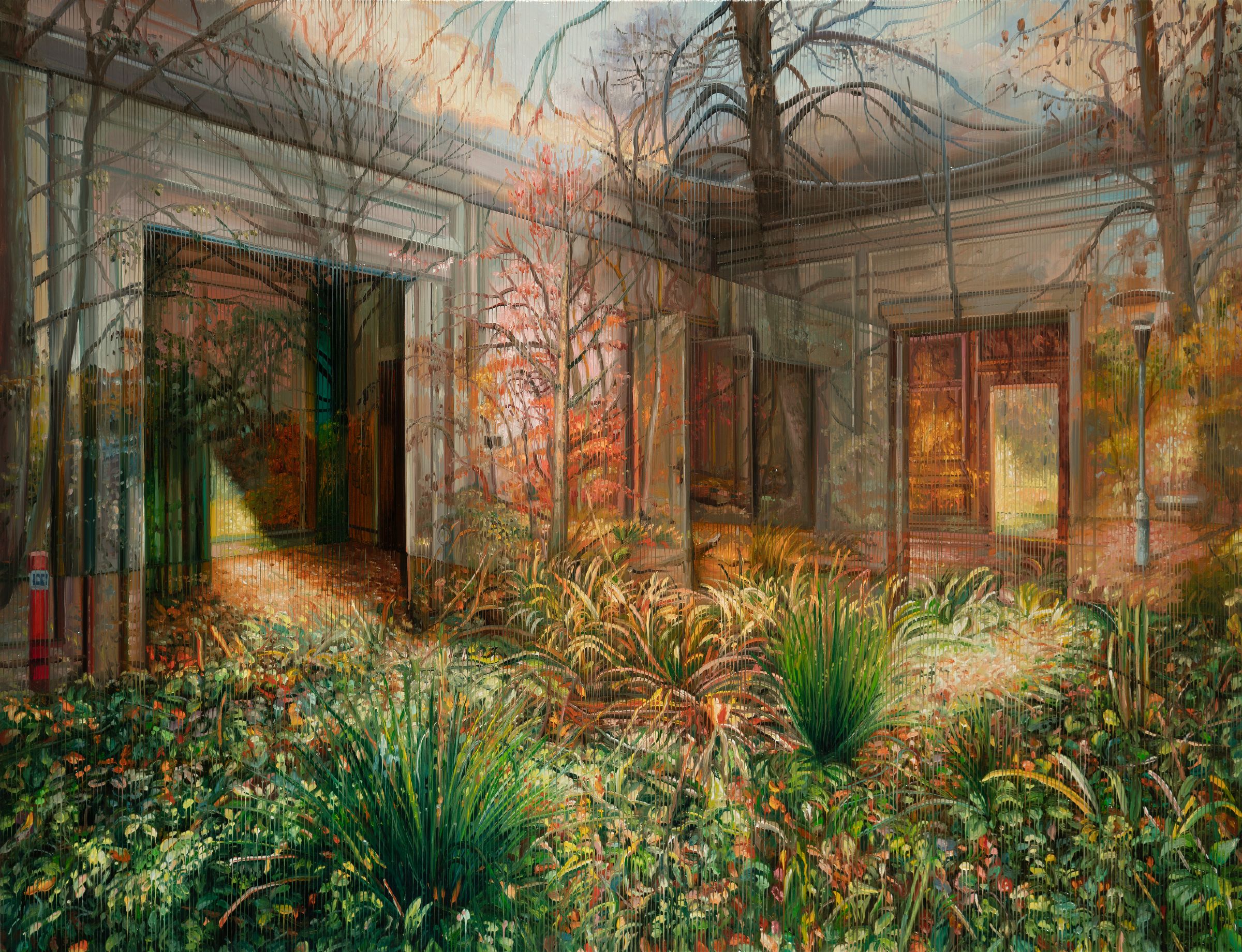 Oil painting of a building surrounded by lush vegetation, where architectural forms blend with natural growth in a layered space.