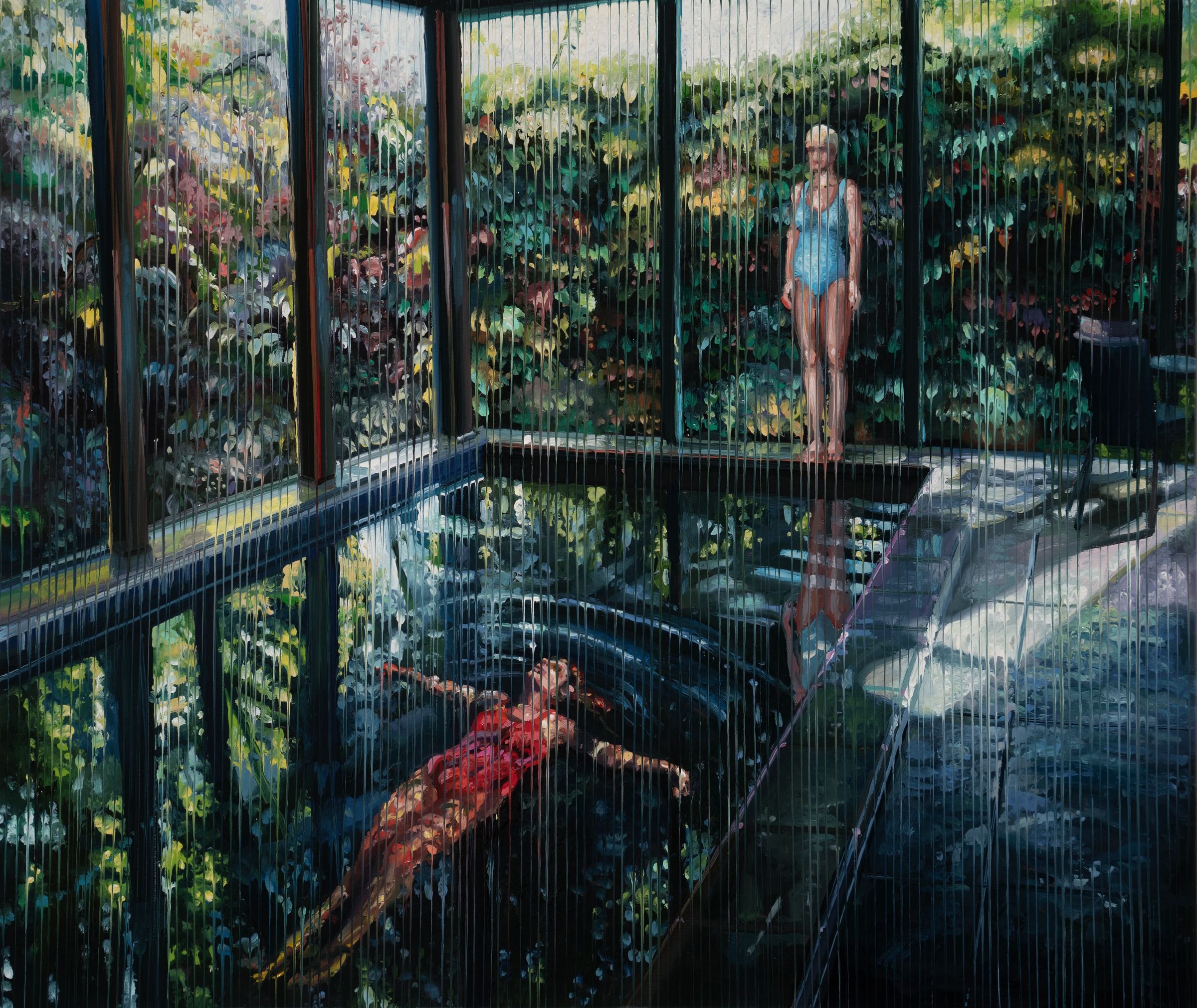 Painting of a person floating in water inside a glass-enclosed space surrounded by lush greenery.