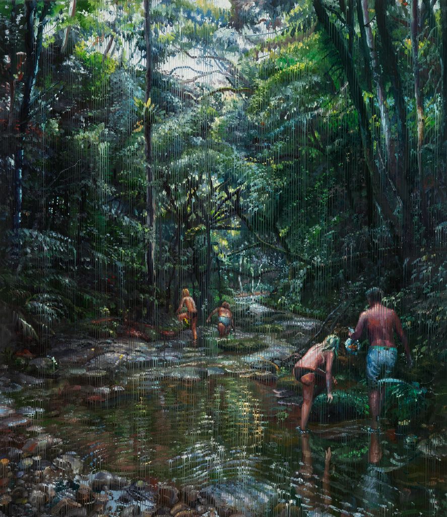Painting of four people moving through a dense green forest with water and rocks.