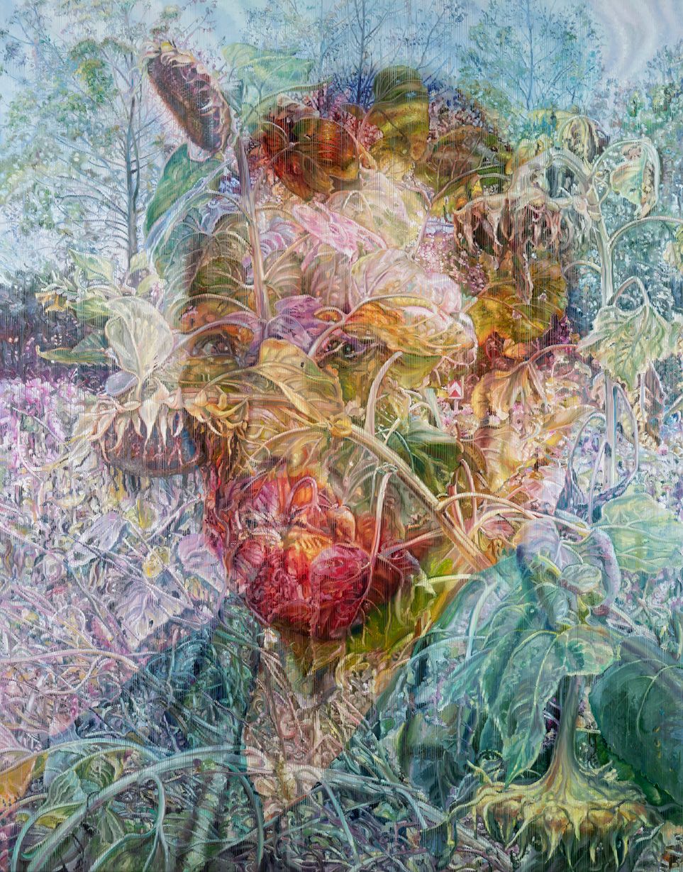 Painting of a human figure almost dissolving into dense, colourful vegetation with leaves and flowers.