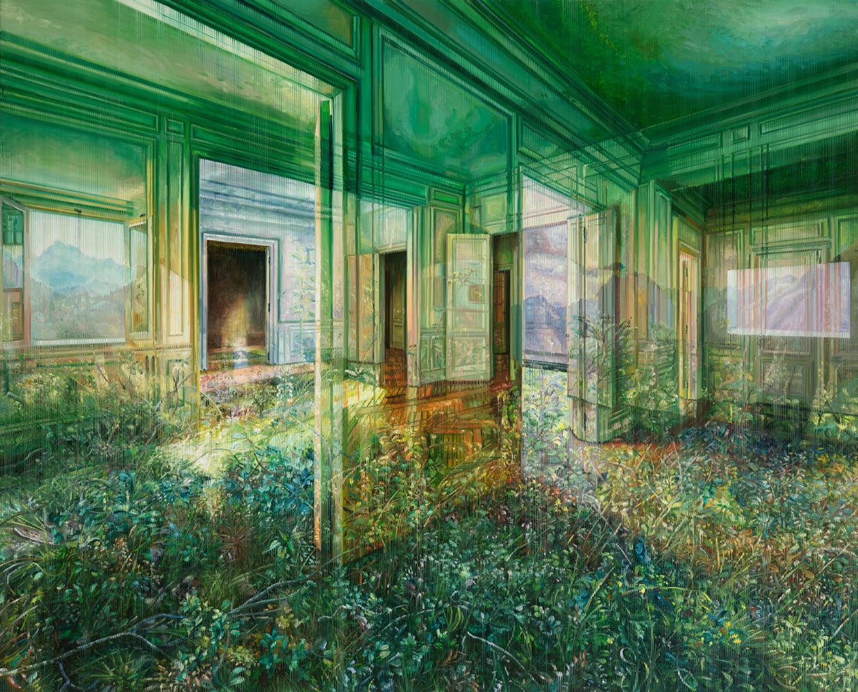 Painting of a green interior with open doors and windows, overgrown with dense vegetation.