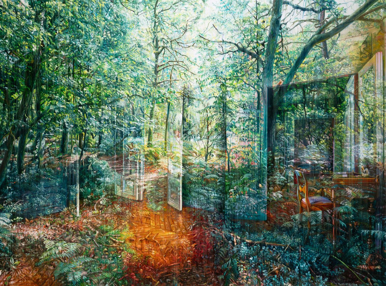 Oliemaleri af skov med åbne døre og møbler integreret i naturen, værk af Jacob Brostrup fra 2025.