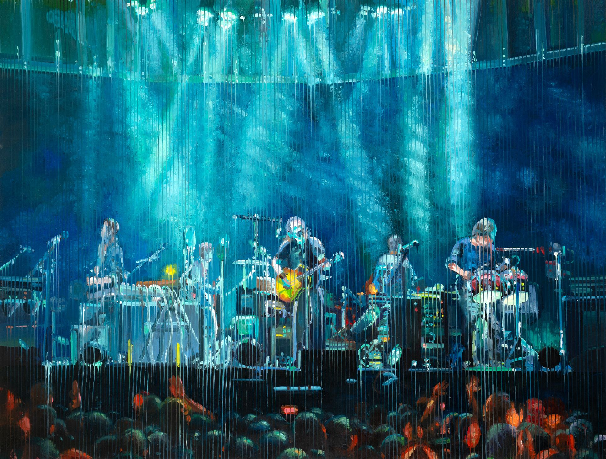Jacob Brostrup’s The Band, depicting musicians performing on a blue-lit stage in front of a crowded audience.