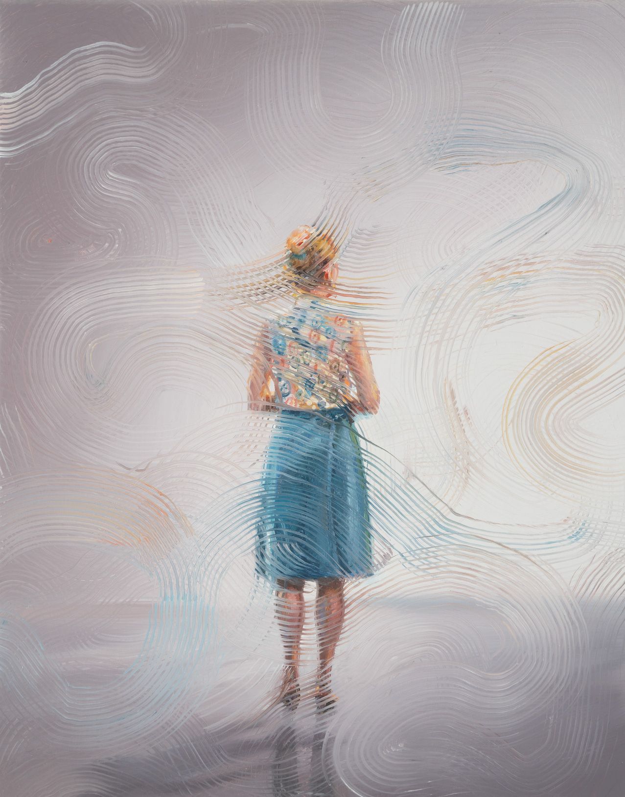 Painting of a standing figure in a blue skirt surrounded by undulating lines against a pale background.