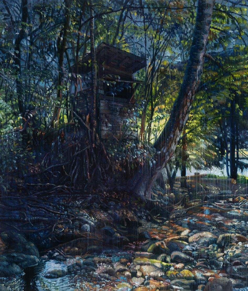 Painting of a dense, dark forest with a small structure hidden among trees, roots, and vegetation.