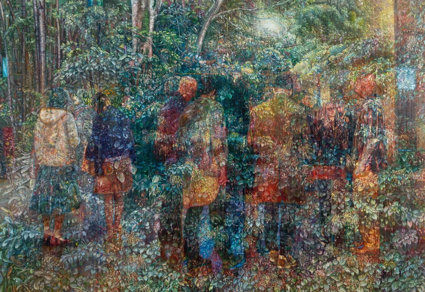 Painting of a group of people emerging among dense, lush vegetation in a forest.