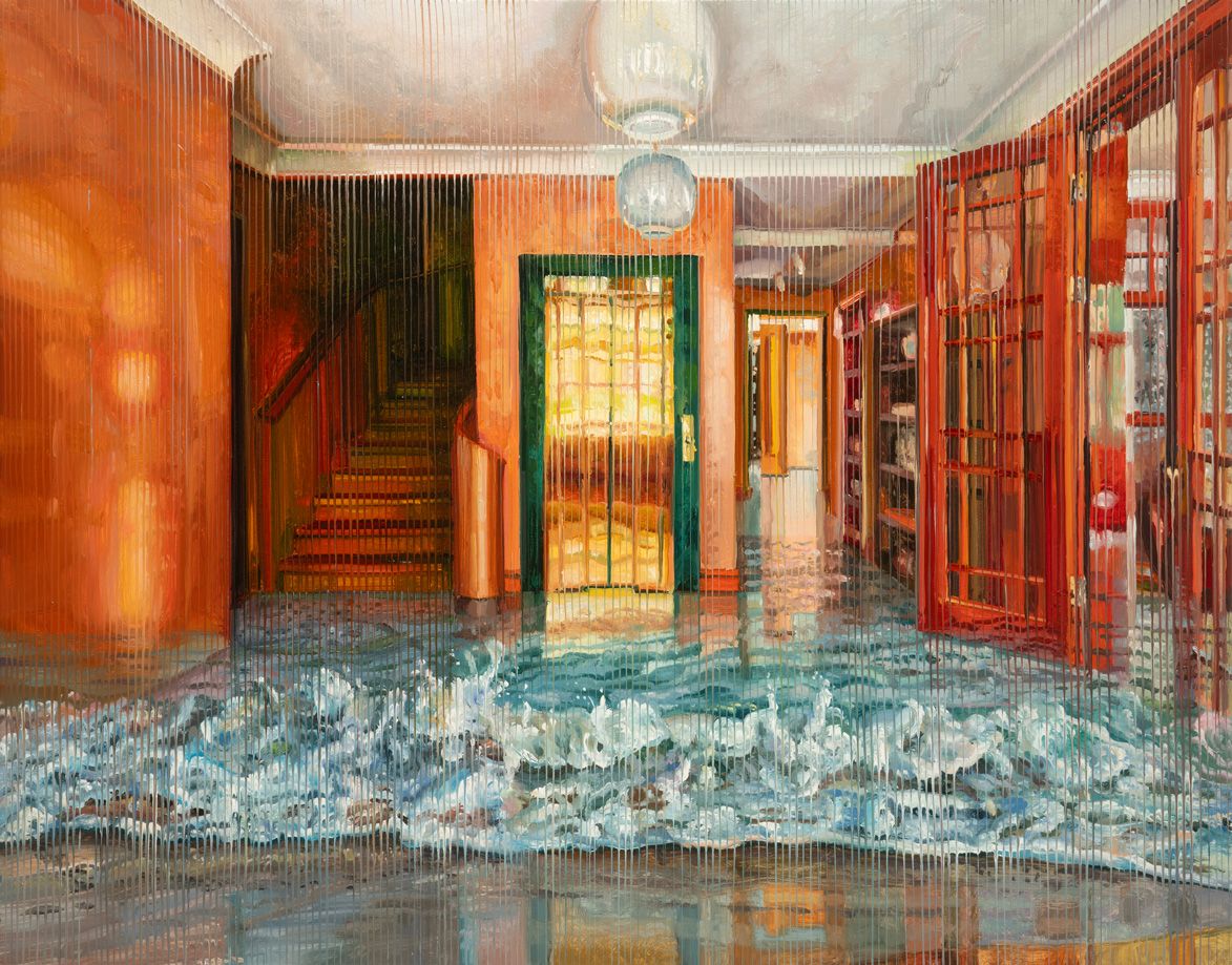Painting of an orange interior with doorways, a staircase and shelving, where the floor appears covered by moving water.
