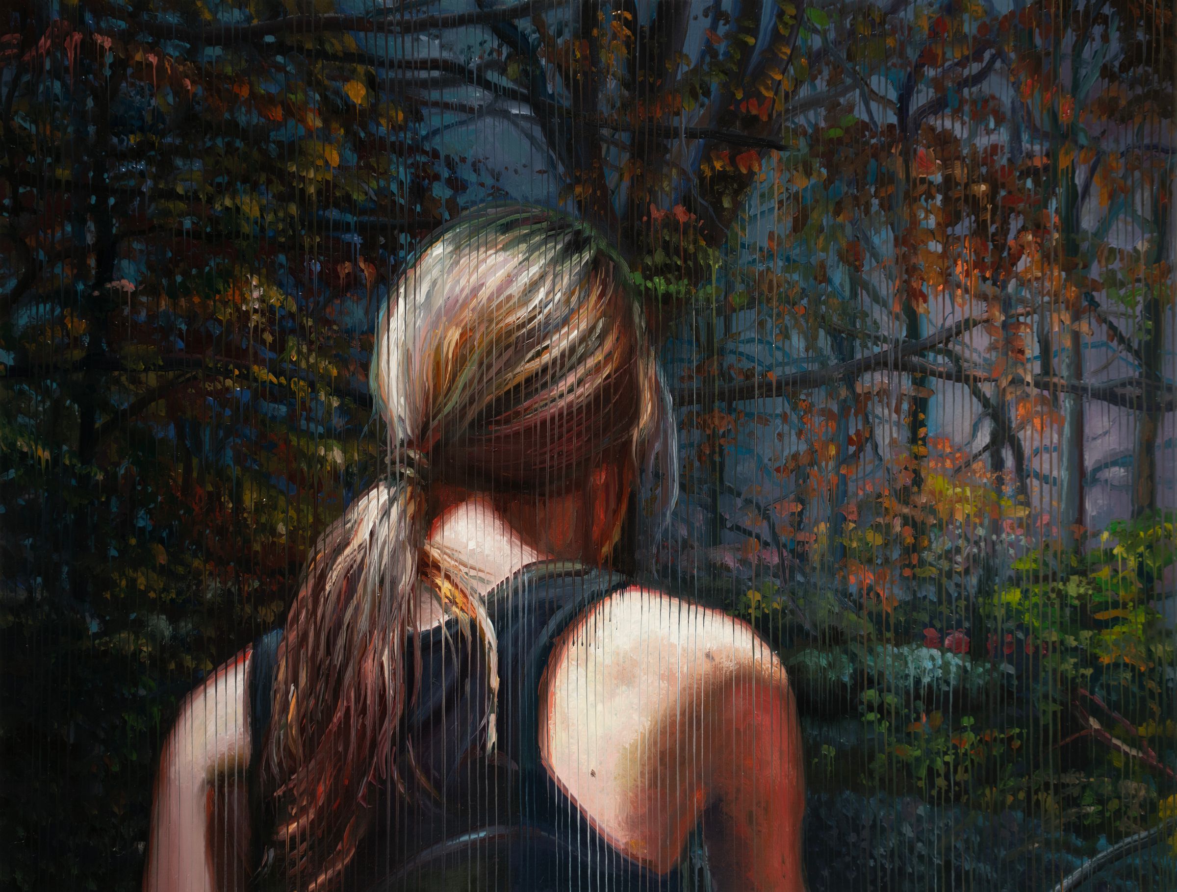 Painting of a person seen from behind in a dark forest, rendered with vertical brushstrokes and muted tones.