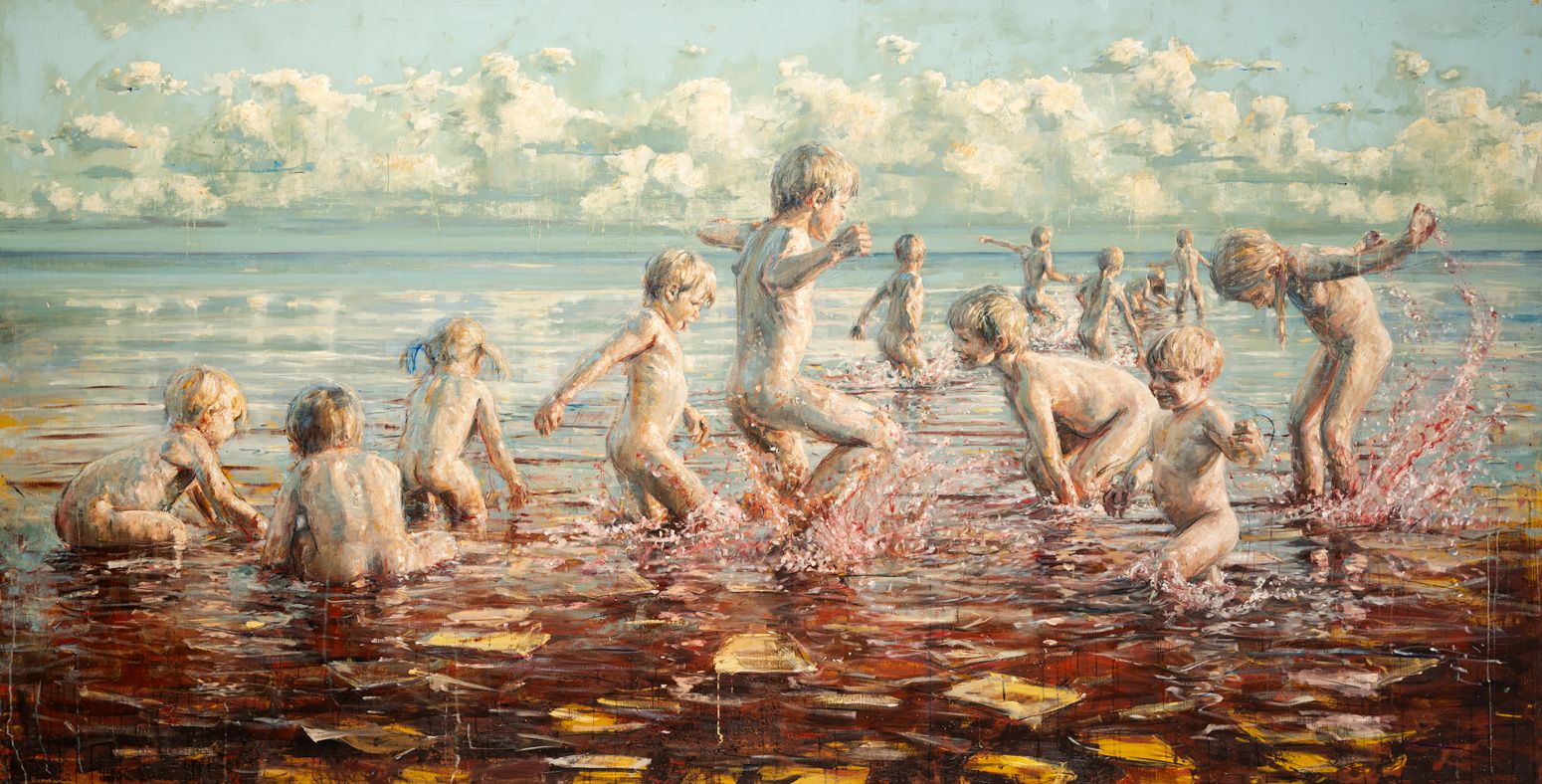 Monumental work by Jacob Rantzau depicting a group of children playing in shallow sea water beneath a bright sky filled with large clouds.