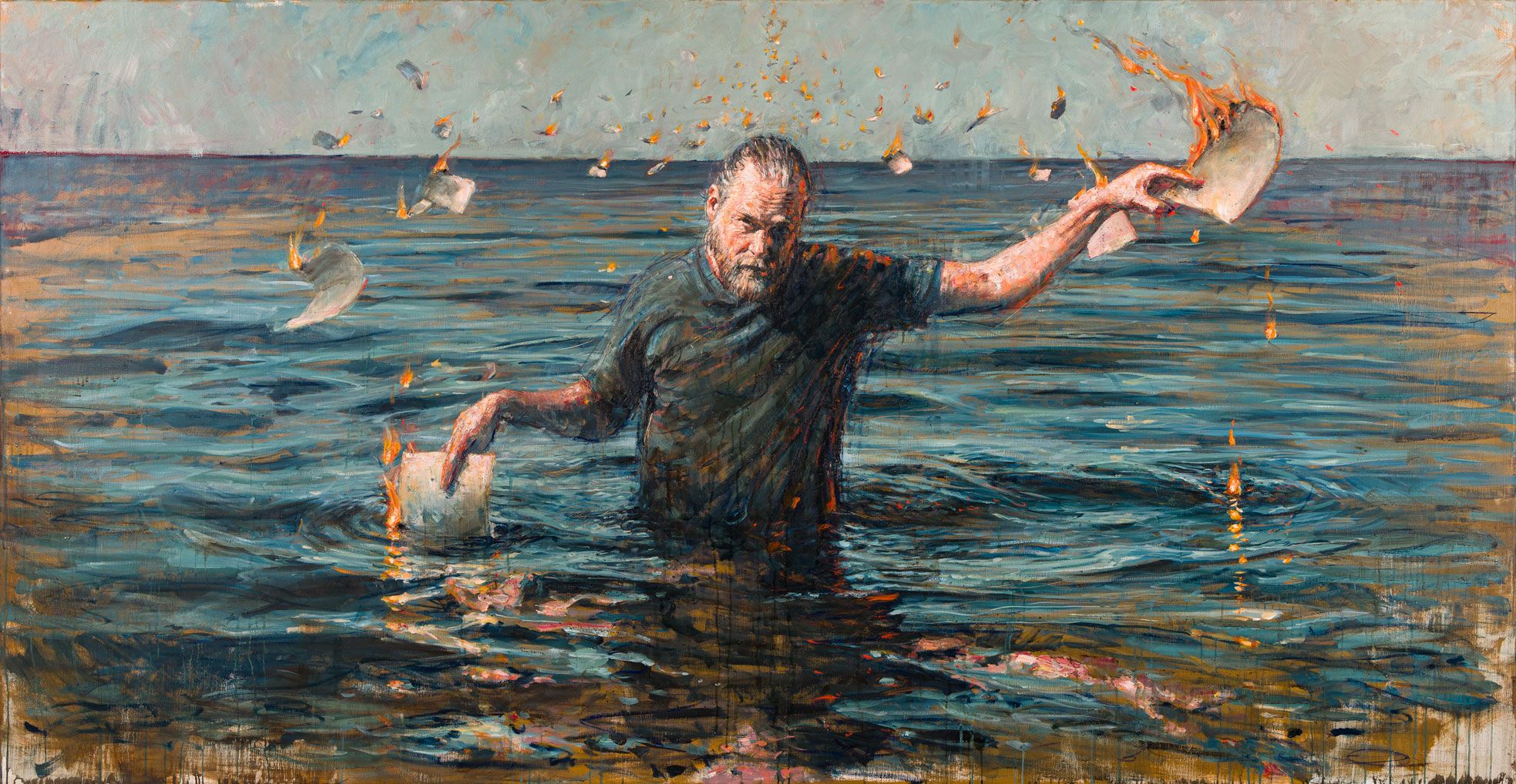 Large oil painting by Jacob Rantzau – man waist-deep in the sea surrounded by burning papers – 2026