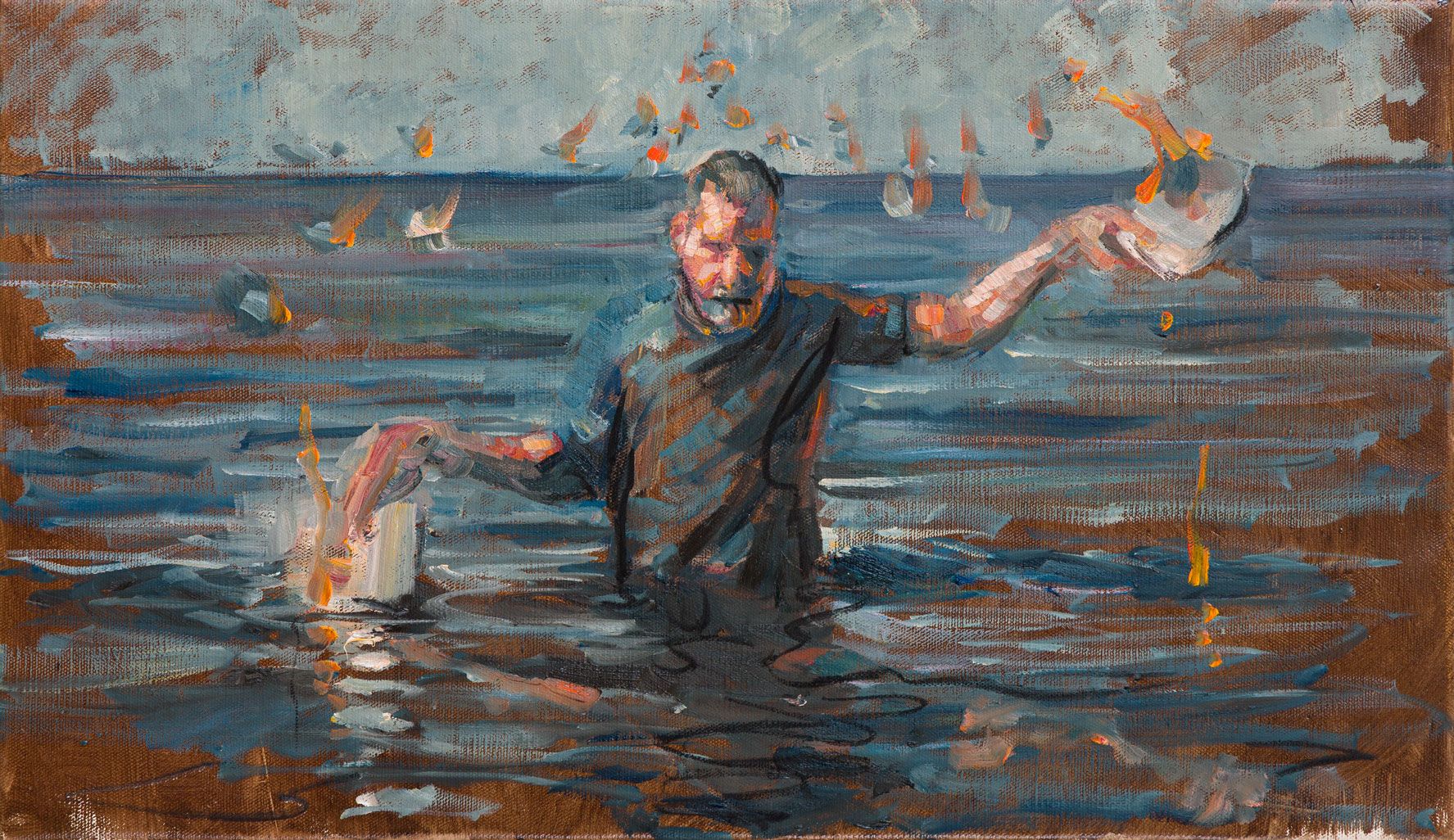 Expressive oil sketch by Jacob Rantzau – man waist-deep in water with burning papers – 2026