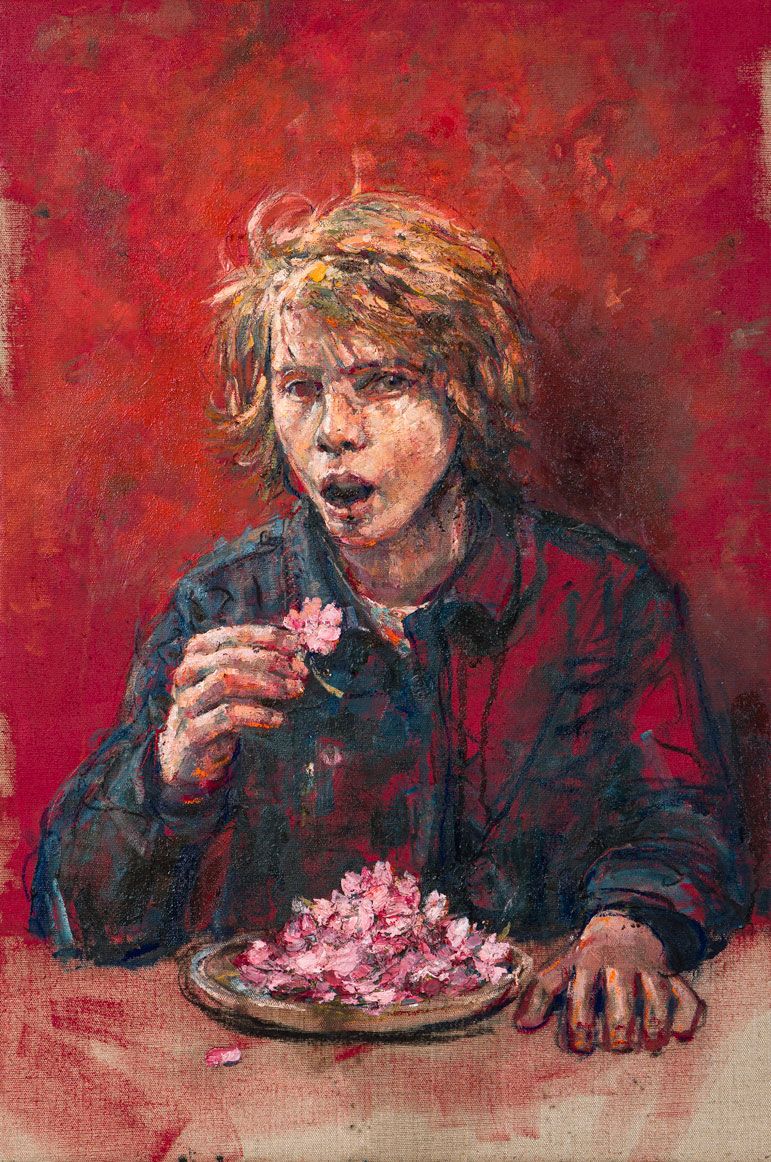 Jacob Rantzau: Figurative painting of a young person eating flower petals at a table – vivid red background – oil on canvas – 2026