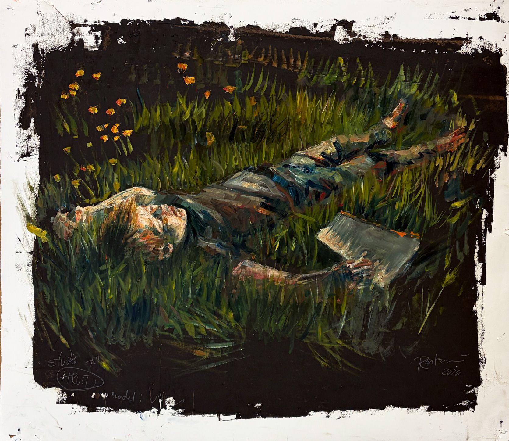 Jacob Rantzau’s Sketch (139) (2026) depicts a reclining figure holding a book in dark green grass, surrounded by small yellow and orange flowers.