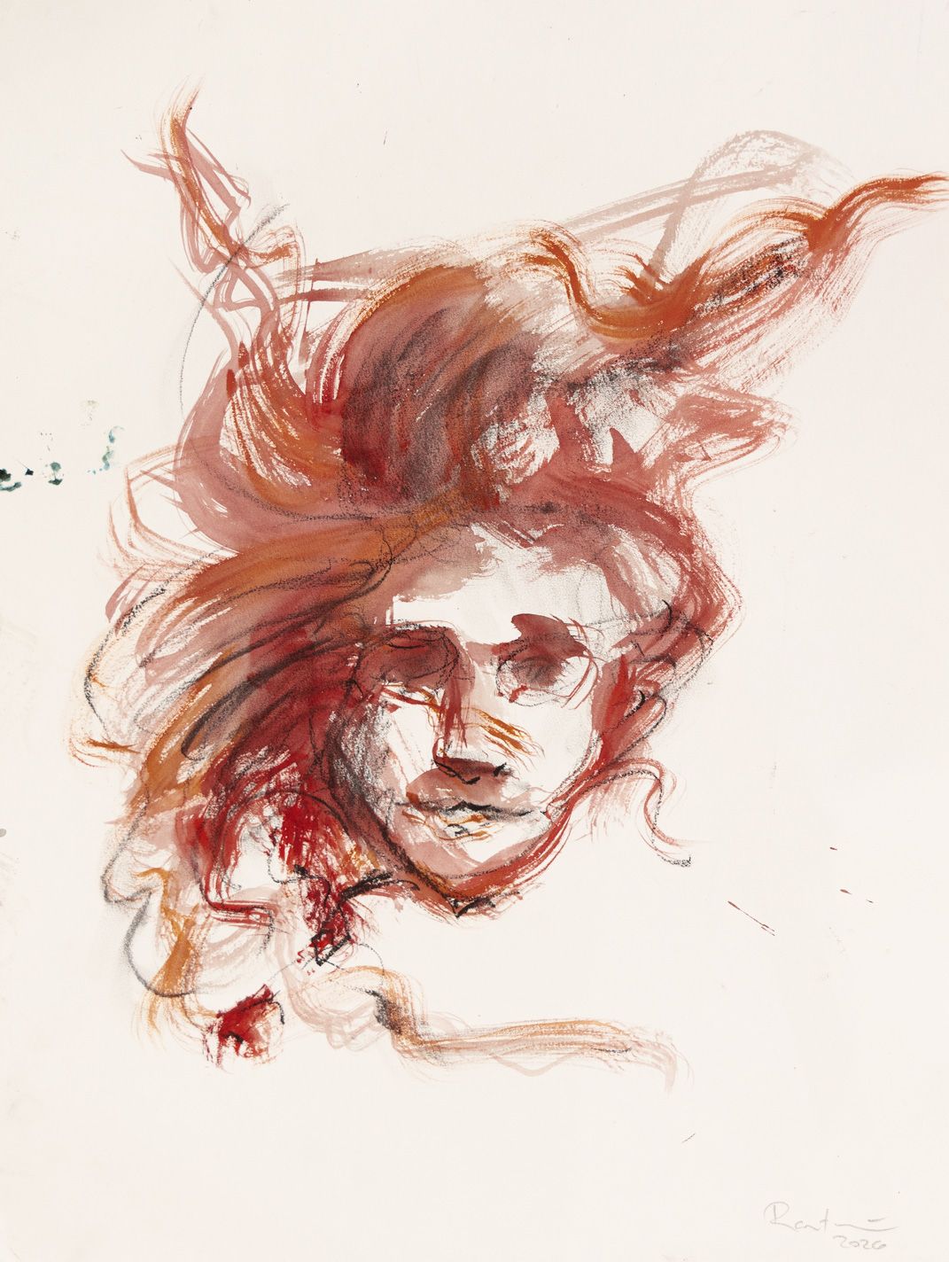 Watercolour by Jacob Rantzau depicting an expressive portrait in red, brown, and pink brushstrokes on a light background.