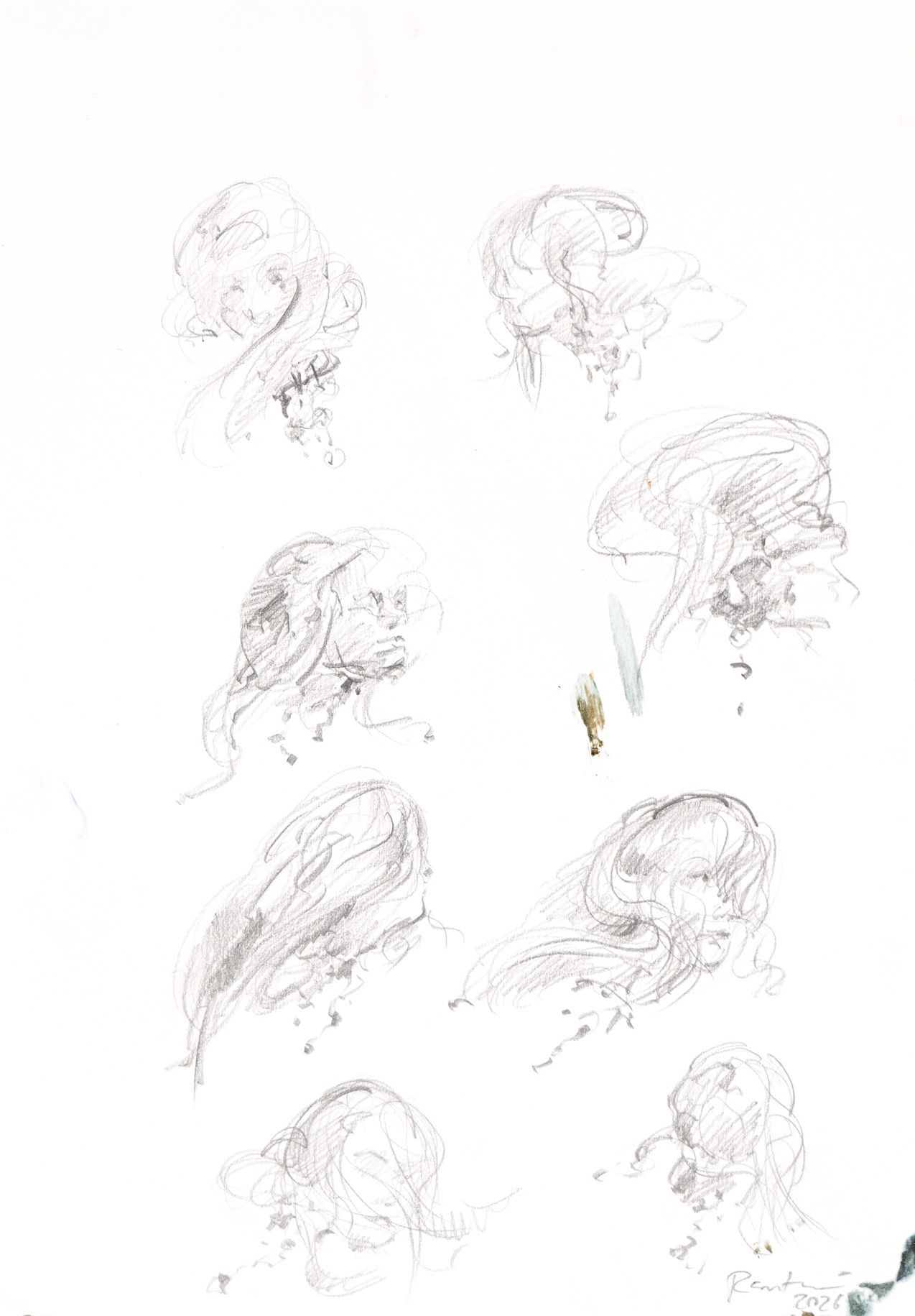 Pencil drawing by Jacob Rantzau featuring eight loosely rendered portrait studies arranged across white paper.