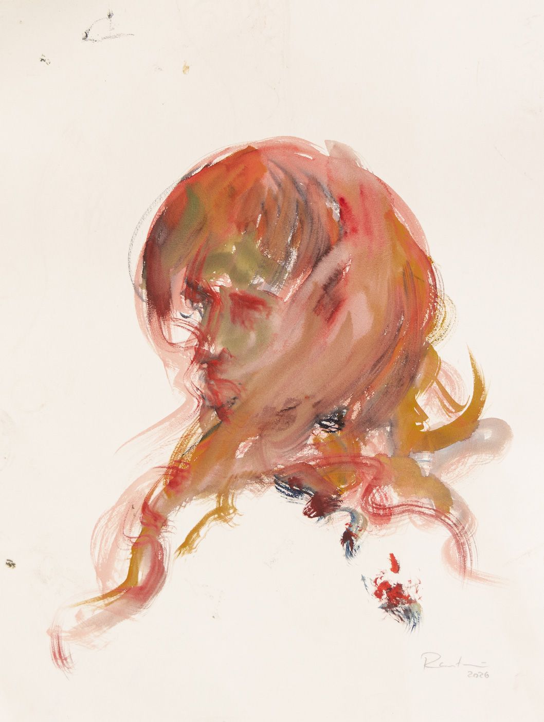 Watercolour by Jacob Rantzau depicting an expressive portrait in pink, red, ochre, and muted green tones against a light background.