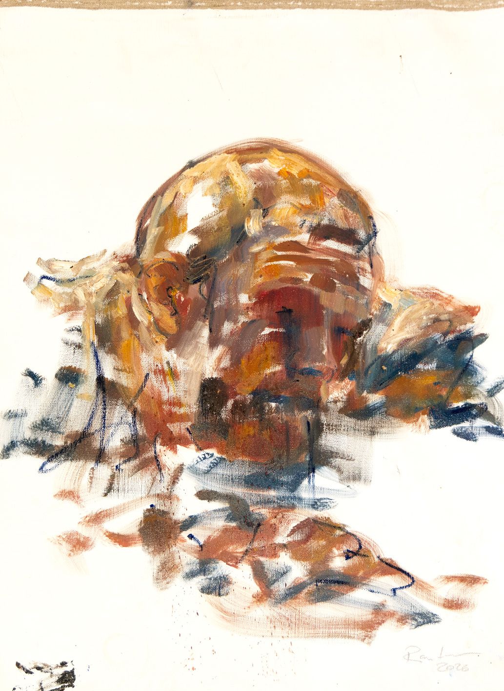 Oil painting by Jacob Rantzau depicting a bent human figure in earth tones, ochre, blue, and dark brushstrokes against a light background.