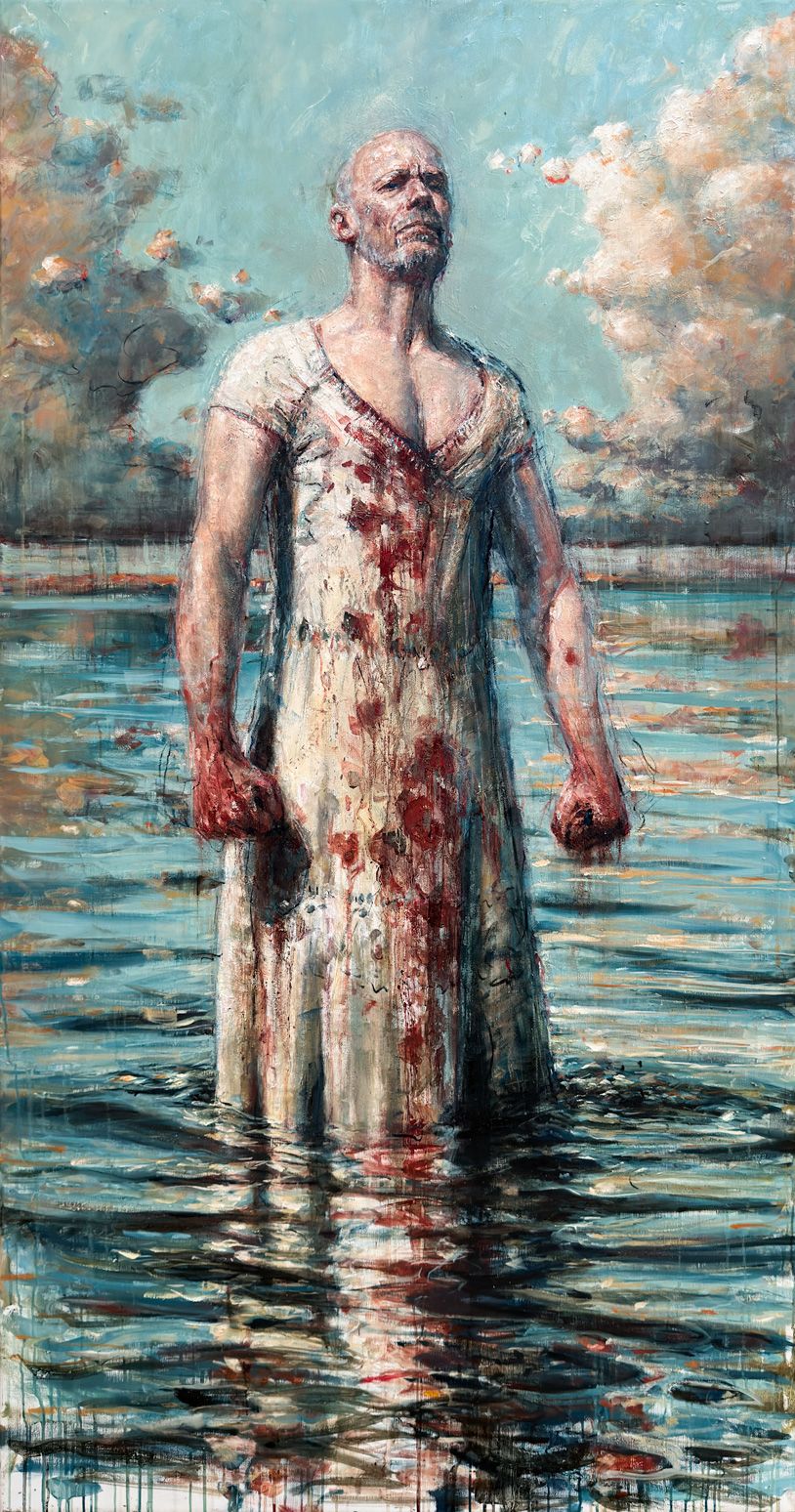 Figure wearing a stained white dress standing in shallow water beneath a bright sky.