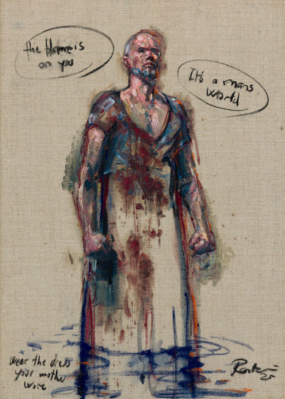 Maleri af Jacob Rantzau: Mand i kjole står konfronterende, omgivet af tekstbobler – olie på lærred, 2025