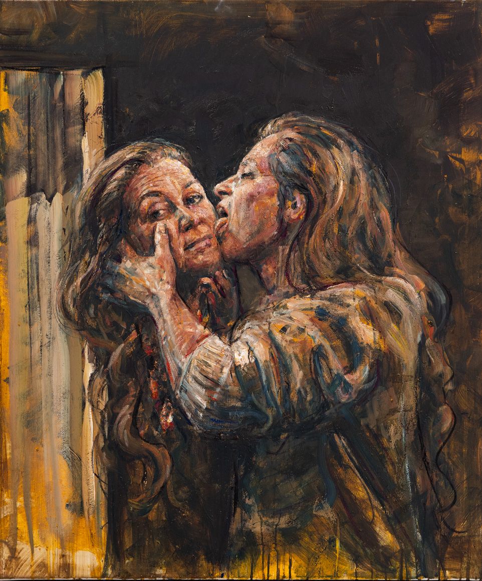 Oil painting by Jacob Rantzau depicting a woman holding a head bearing her own facial features close to her.