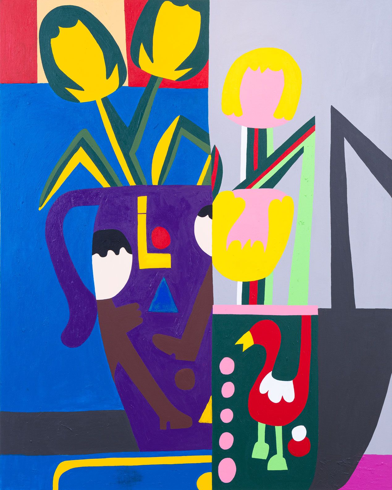 Oliemaleri med stiliseret figur og ansigtsformet krukke med blomster i stærke farver, Kristian Devantier, 2022