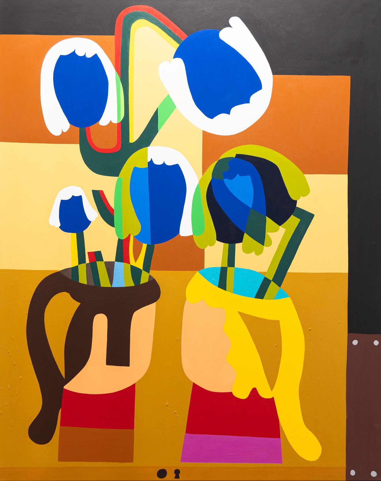 Colourful oil painting by Kristian Devantier featuring stylised flowers, heads, and two vessels in a geometric composition.