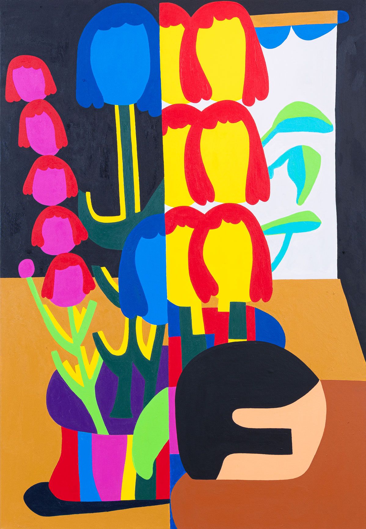 Oliemaleri med stiliserede blomsterhoveder og figurer i stærke farver, Kristian Devantier, 2023