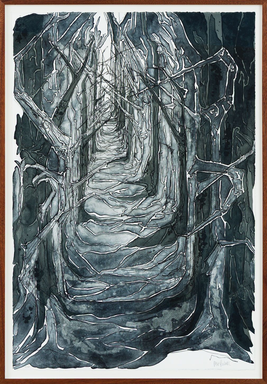 Monochrome lithograph by Maria Rubinke – forest path with dark, tangled branches – 2025