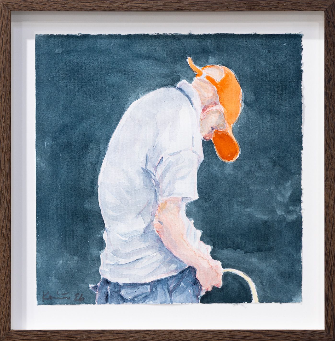 Watercolour by Michael Kvium depicting a hunched figure in a white T-shirt and orange cap against a dark blue-grey background.