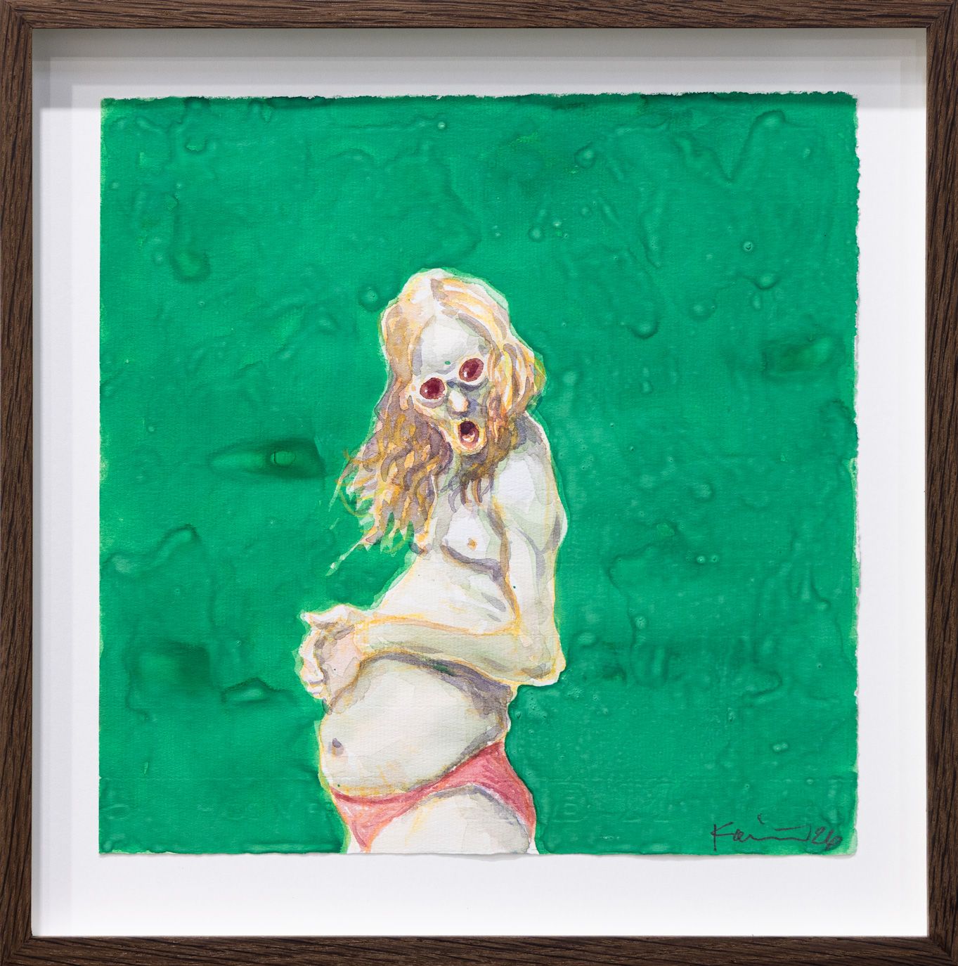Watercolour by Michael Kvium depicting an almost nude figure with a distorted face against an intense green background.