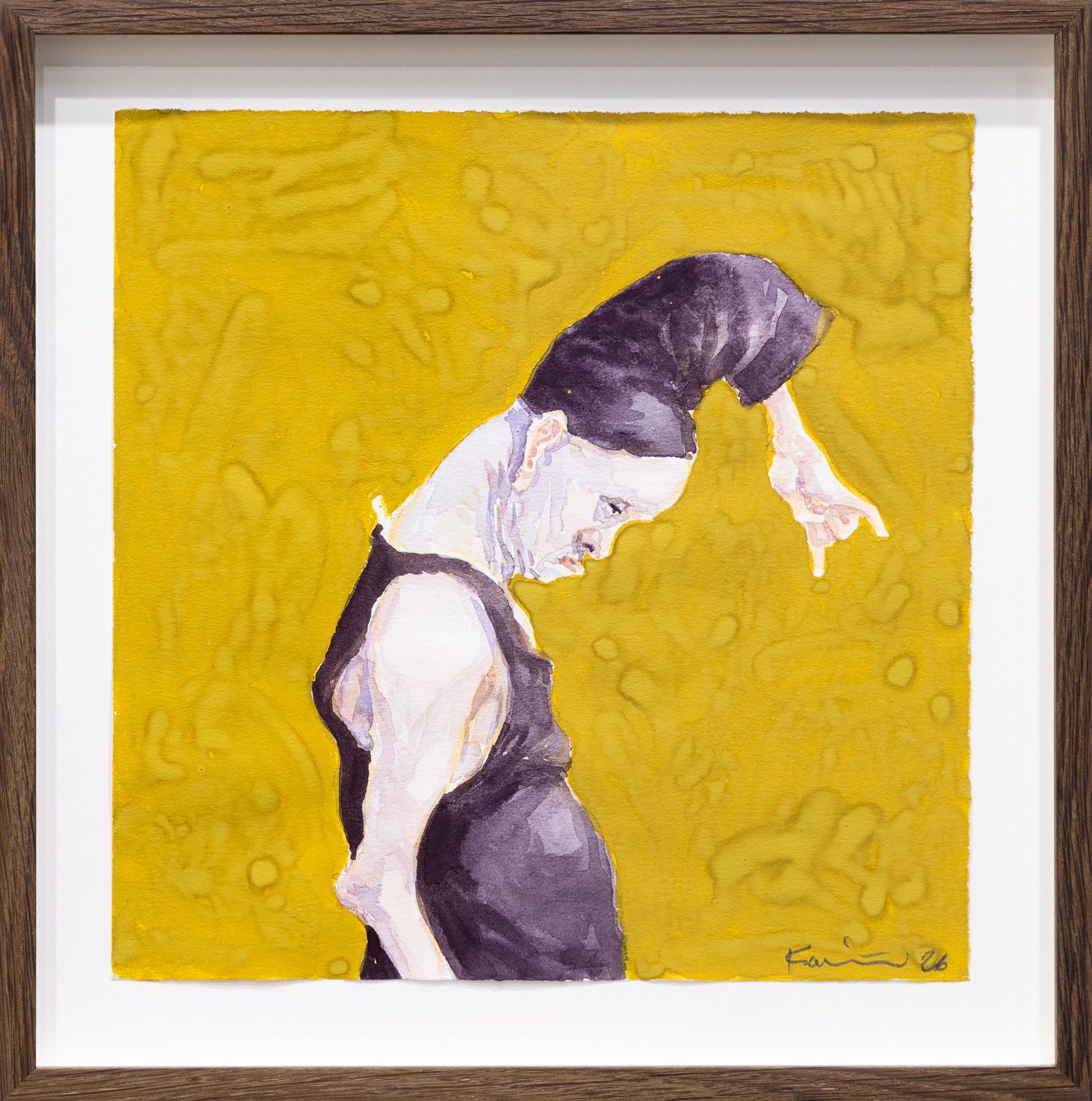 Watercolour by Michael Kvium depicting a hunched figure in dark clothing against an intense yellow background.
