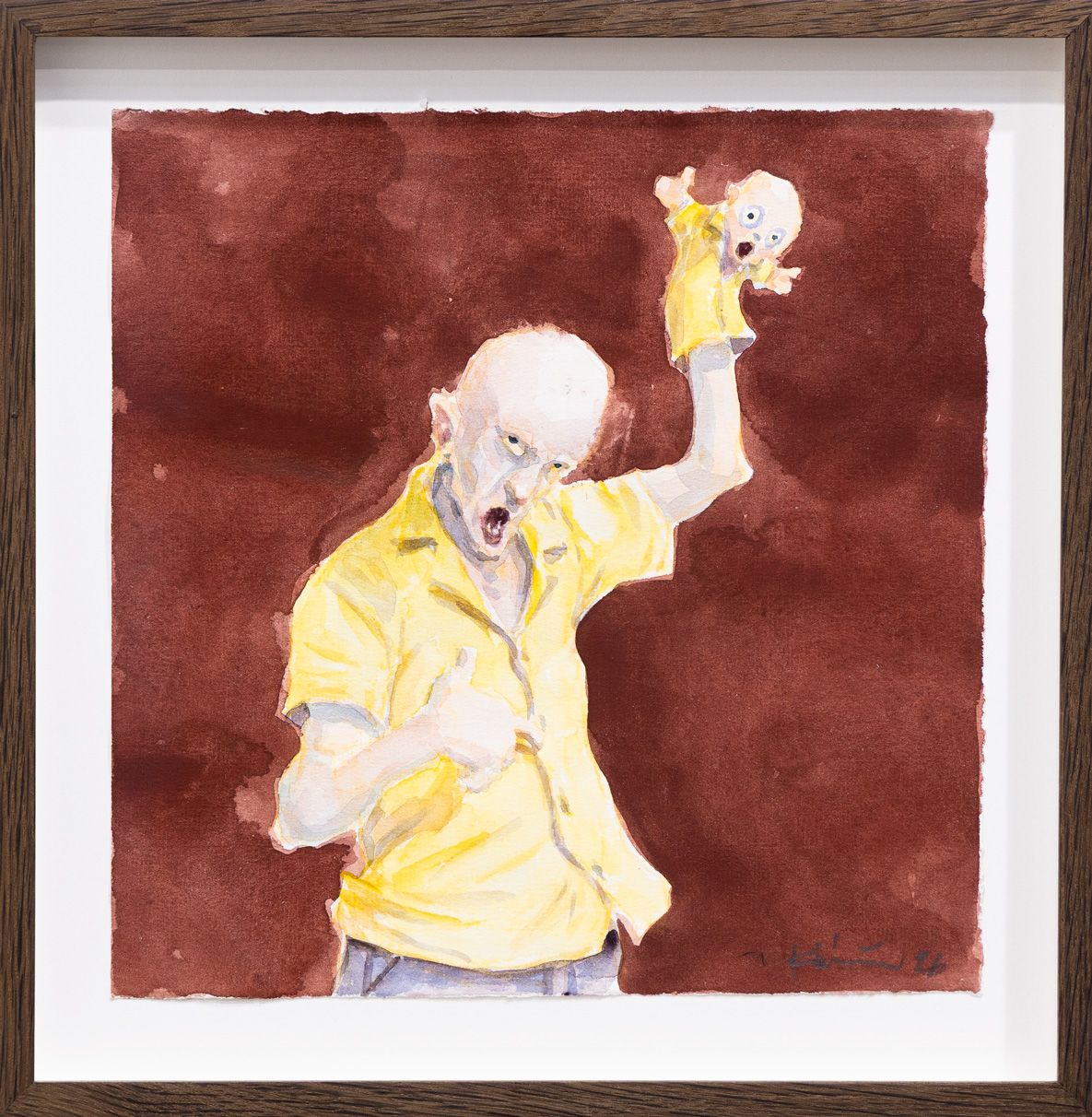 Watercolour by Michael Kvium depicting a bald figure in a yellow shirt holding a small distorted figure against a reddish-brown background.