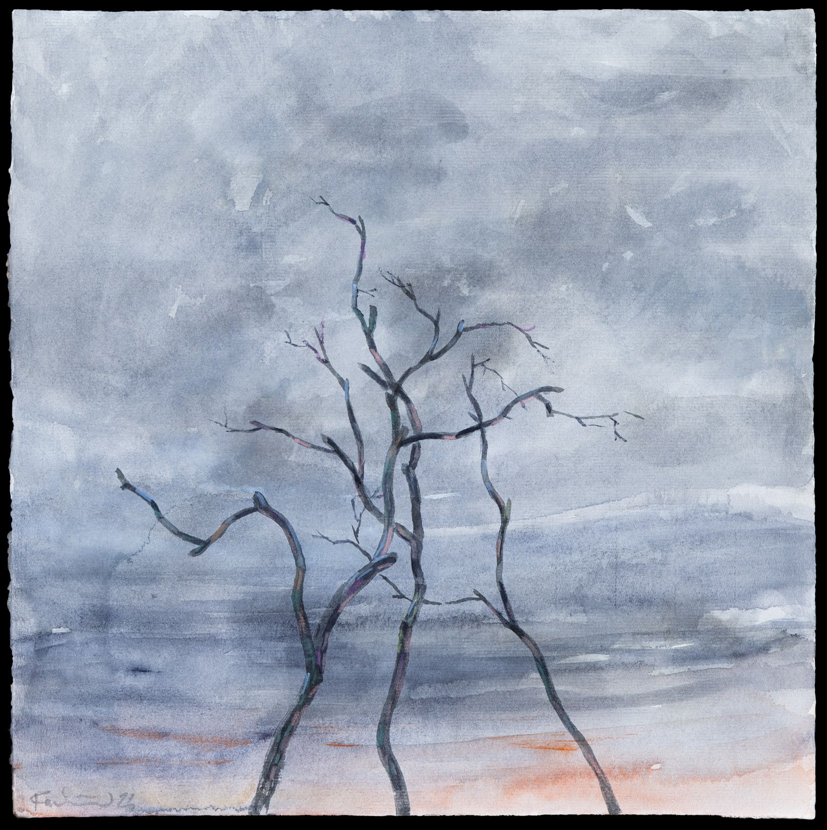 Akvarel af et bladløst træ foran en gråblå himmel og et diset landskab.