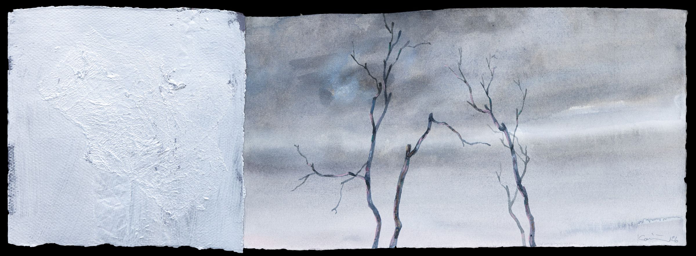 Watercolor and mixed media of three slender, leafless trees against a gray sky with a textured white surface on the left.