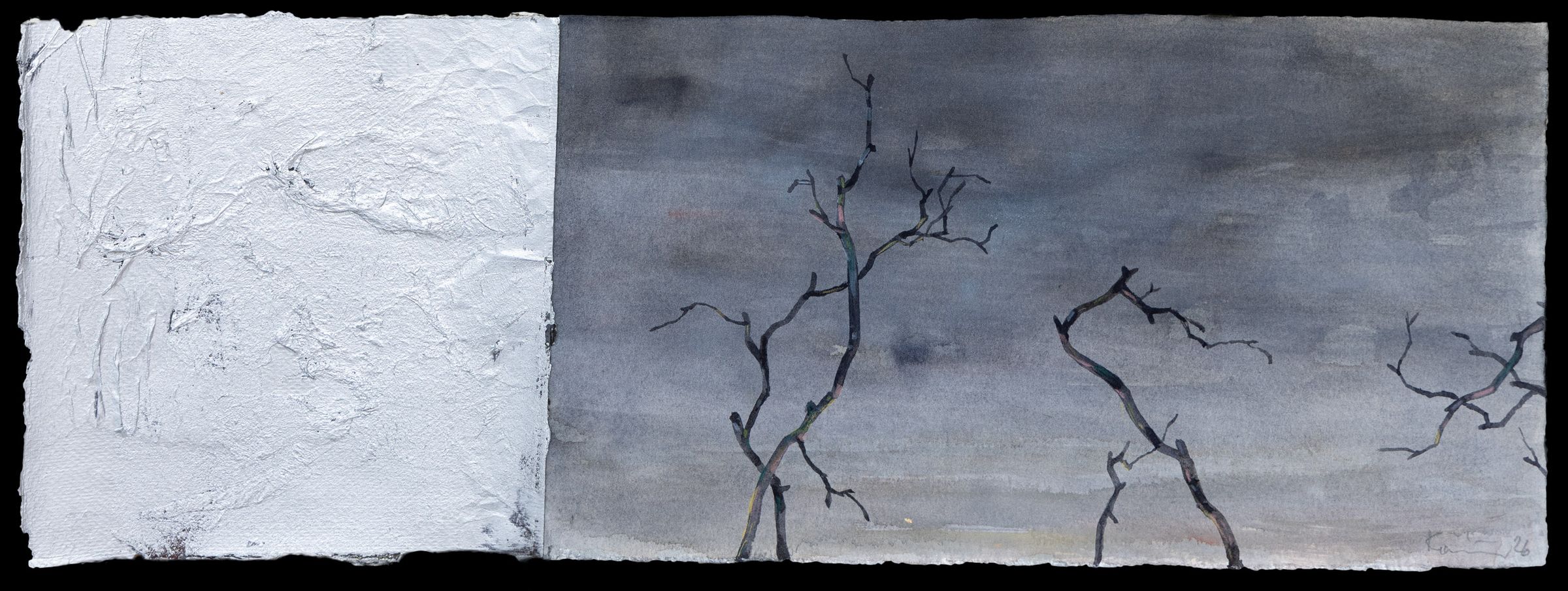 Watercolor and mixed media of twisted, leafless trees against a dark gray sky with a textured white surface on the left.
