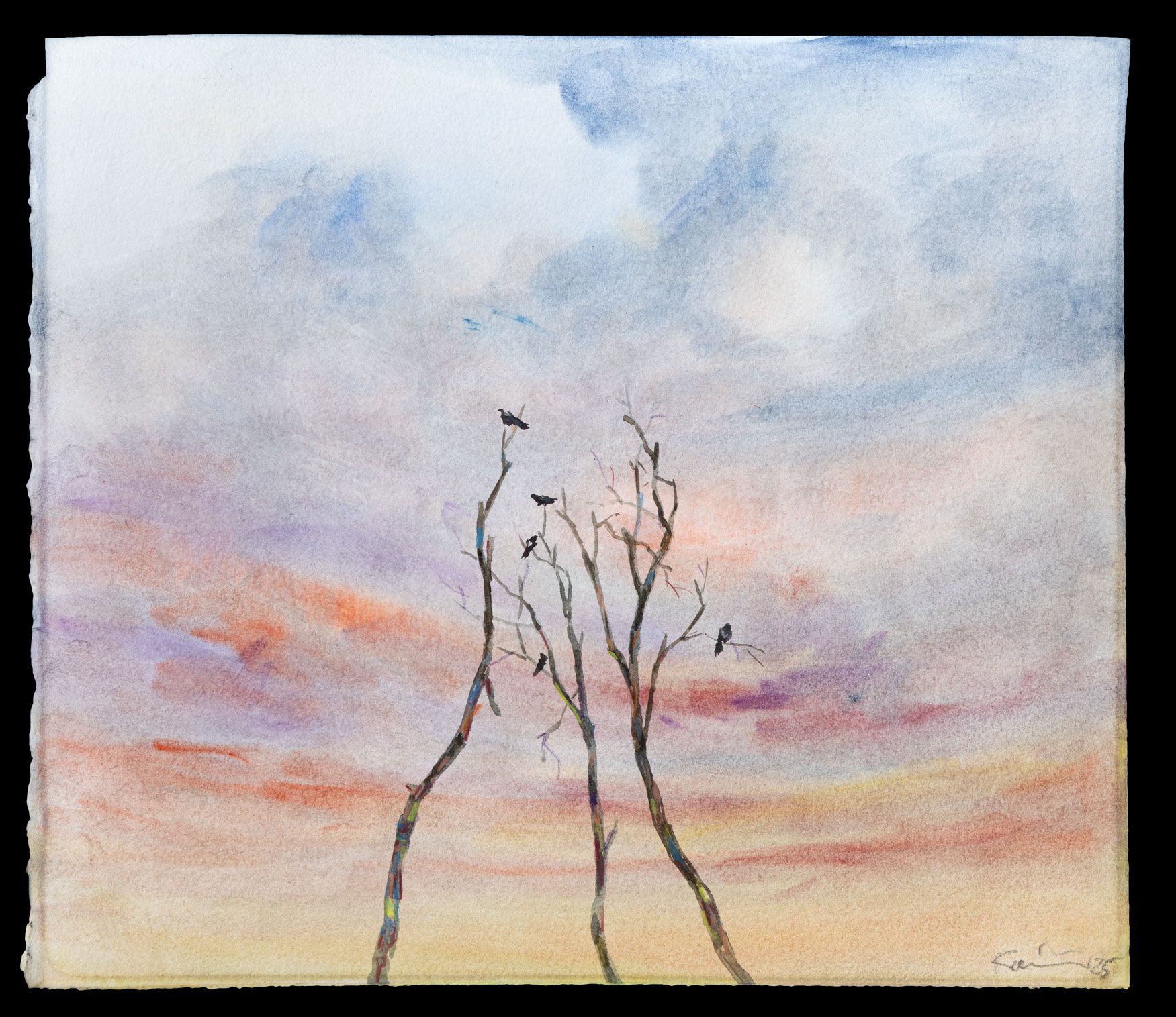 Akvarel af Michael Kvium: solnedgang med lilla og orange skyer, nøgne træer og fugle – 2025