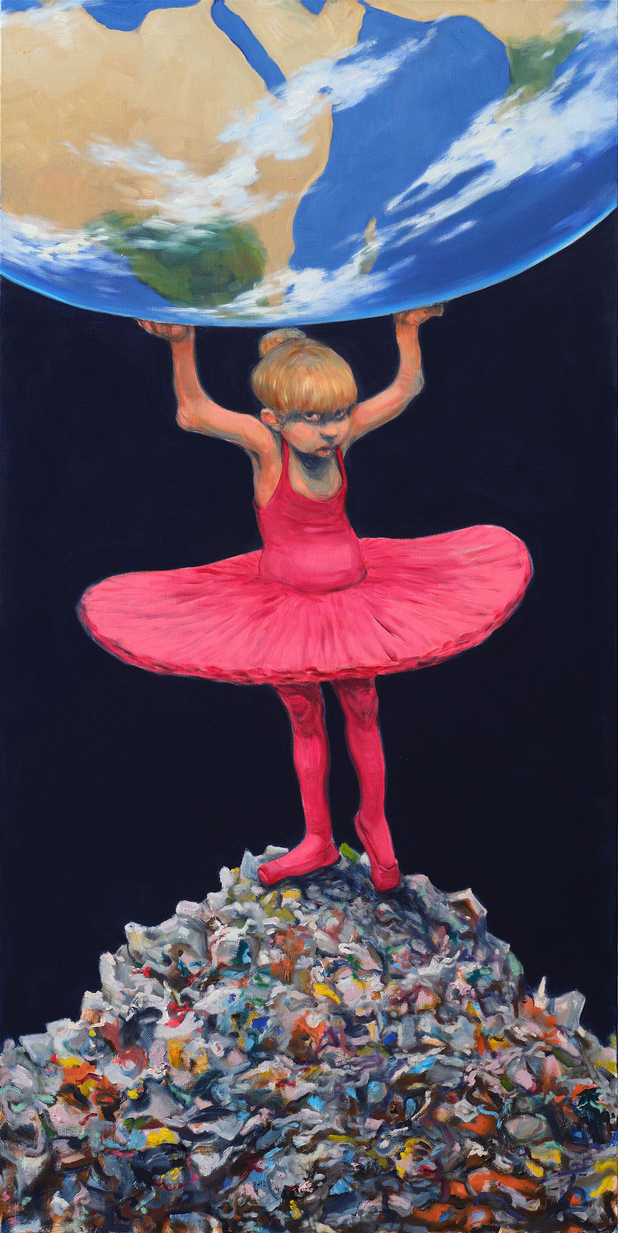 Painting of a girl in a tutu carrying a globe atop a pile of waste, by Michael Kvium.