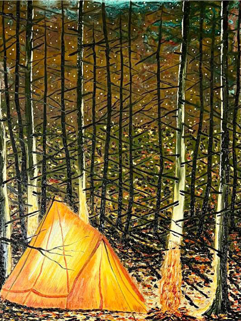 Gult telt og bål i mørk skov med snefald, René Holm, 2025