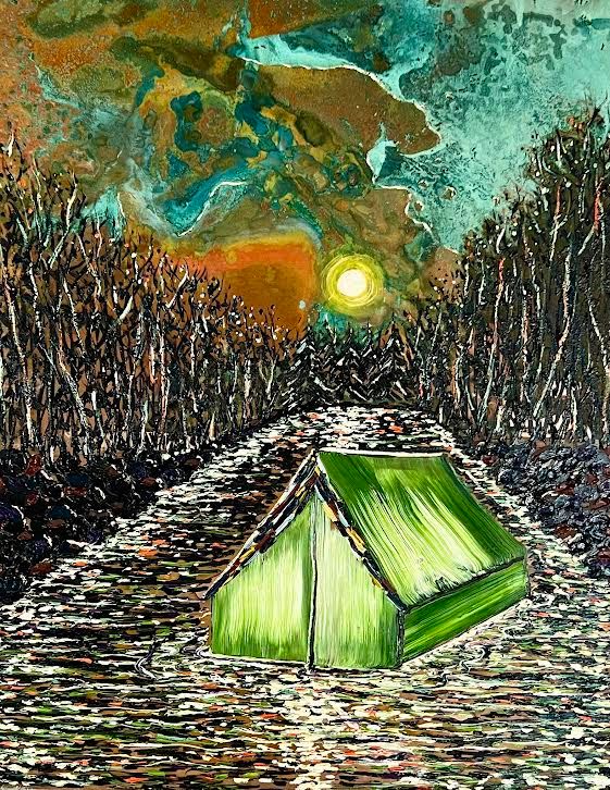 Oil painting by René Holm – green tent in a forest under dramatic sky – oil on copper – 2025