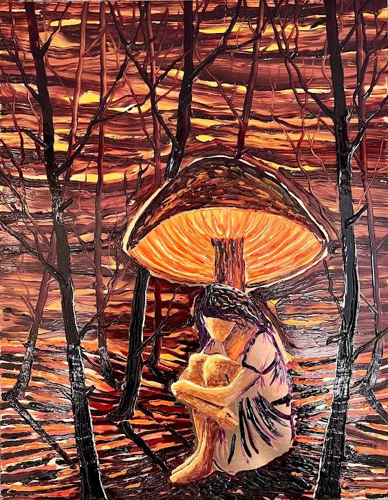 Painting by René Holm – figure sits curled beneath large mushroom in dark forest – oil on copper plate – 2025