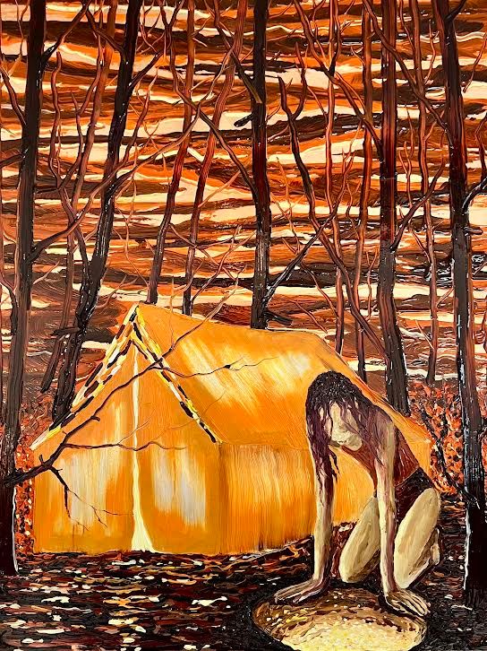 Oliemaleri af René Holm fra 2025 med kvindefigur i skov foran oplyst telt – malet på kobberplade i varme toner