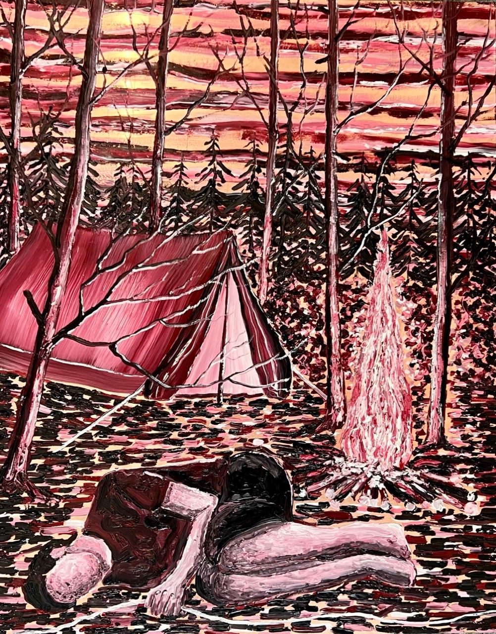 Figure lying curled up in a forest beside a tent and a campfire in a red and pink-toned landscape.